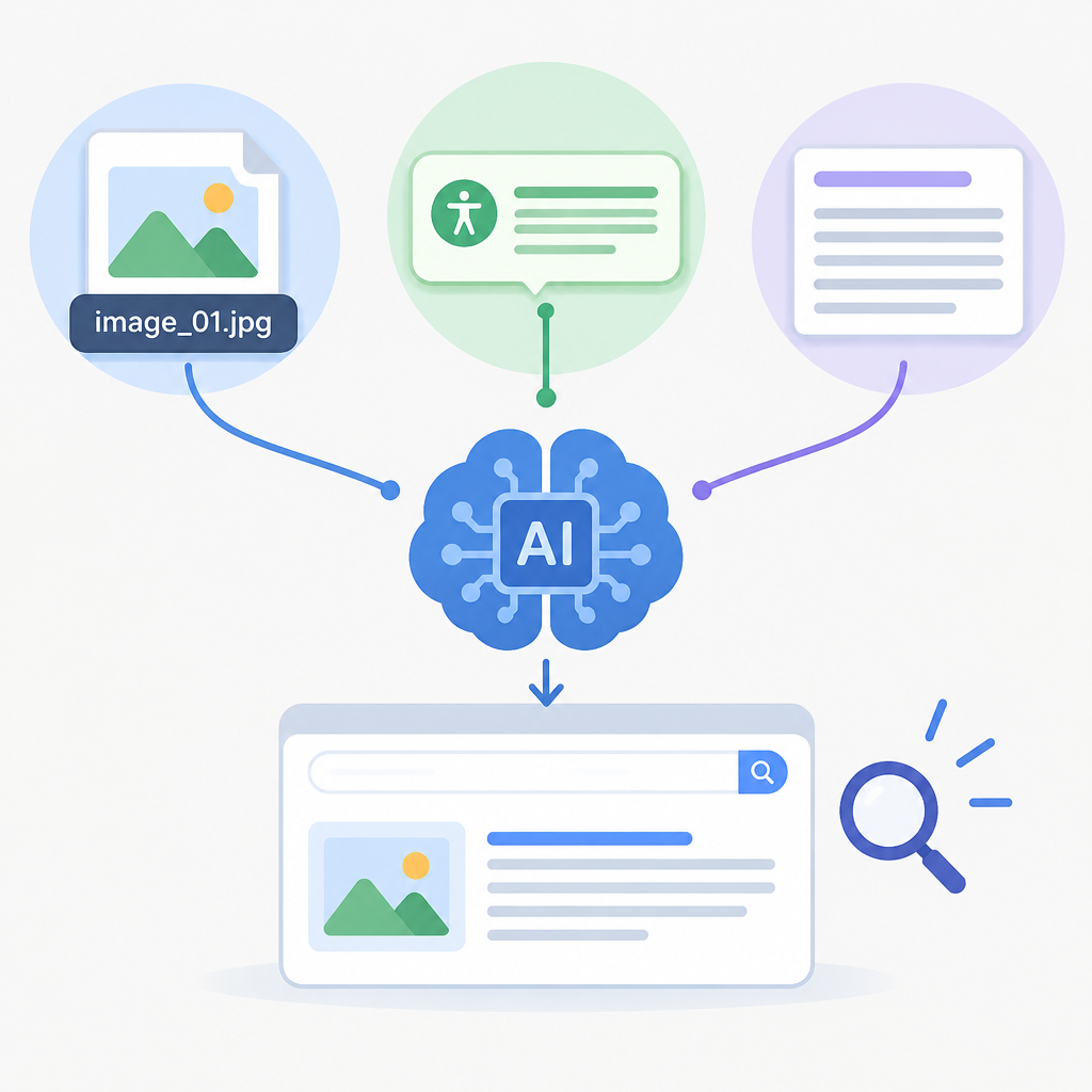 AI 생성 설명 이미지: AEO 세팅해주는곳 AI SGAEO | 이미지 파일명과 주변 설명은 검색엔진에 어떤 단서가 될까